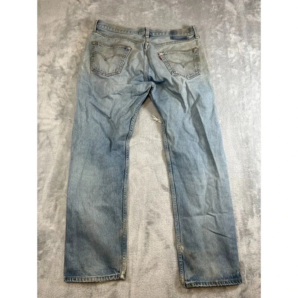 VTG Levis 501 Button Fly Red Tag Distressed Men 38x34 Light Washer Biker Style - Picture 13 of 15